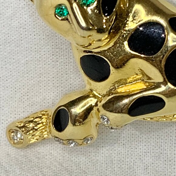 VTG 80s Panther Leopard Brooch Pin Gold Tone Black Enamel Rhinestone Cat Jewelry - Picture 3 of 6